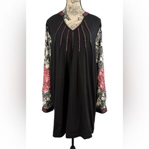 Ulla Popken Tunic Dress Size 12/14 Black Cotton Embroidered Sleeve Boho V-Neck
